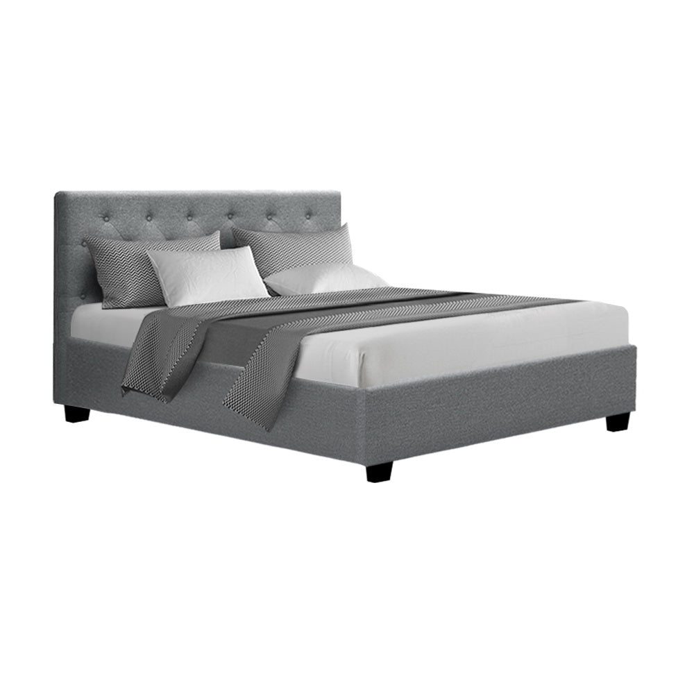 Artiss Vila Bed Frame Fabric Gas Lift Storage - Grey Double