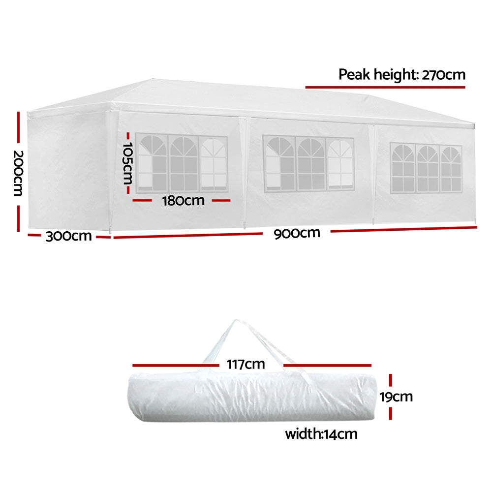 Instahut Gazebo 3x9m Outdoor Marquee side Wall Gazebos Tent Canopy Camping White 8 Panel