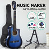 Alpha 34" Inch Guitar Classical Acoustic Cutaway Wooden Ideal Kids Gift Children 1/2 Size Blue with Capo Tuner