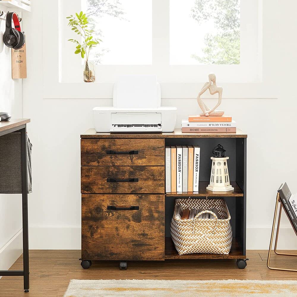 3-Drawer File Cabinet with Open Compartments for A4 Rustic Brown and Black