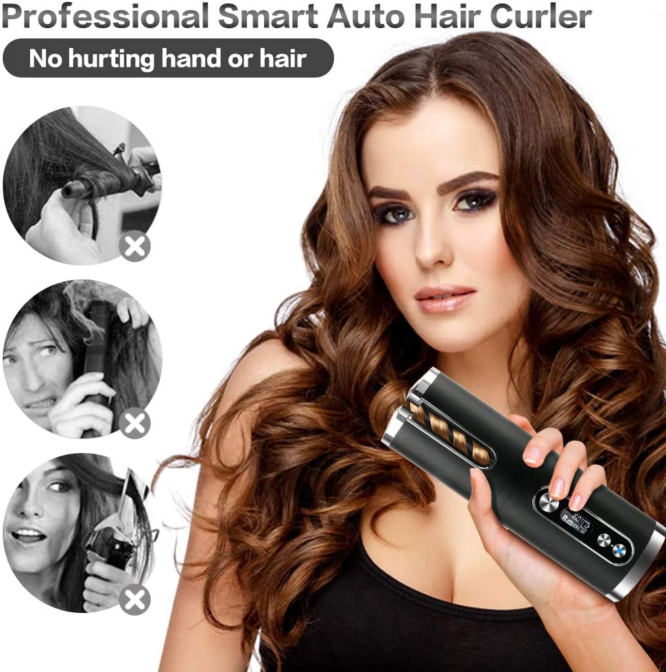 Portable Wireless Automatic Hair Curler for Travel with LED Temperature Display, Timer and USB Rechargeable (Black)