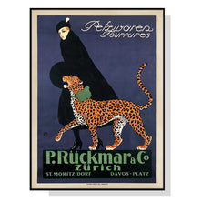60cmx90cm Woman Walking Leopard Vintage Black Frame Canvas Wall Art