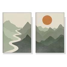60cmx90cm Sage Green River Mountain 2 Sets White Frame Canvas Wall Art