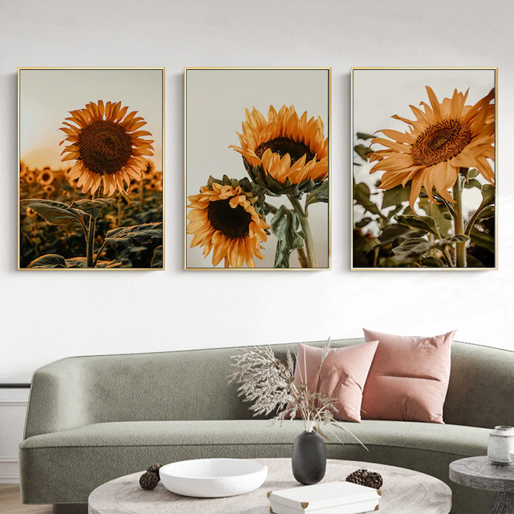 50cmx70cm Sunflower 3 Sets Gold Frame Canvas Wall Art