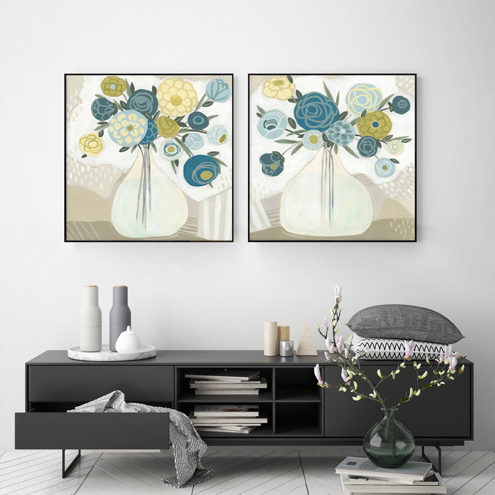 70cmx70cm Blue Bouquet 2 Sets Black Frame Canvas Wall Art