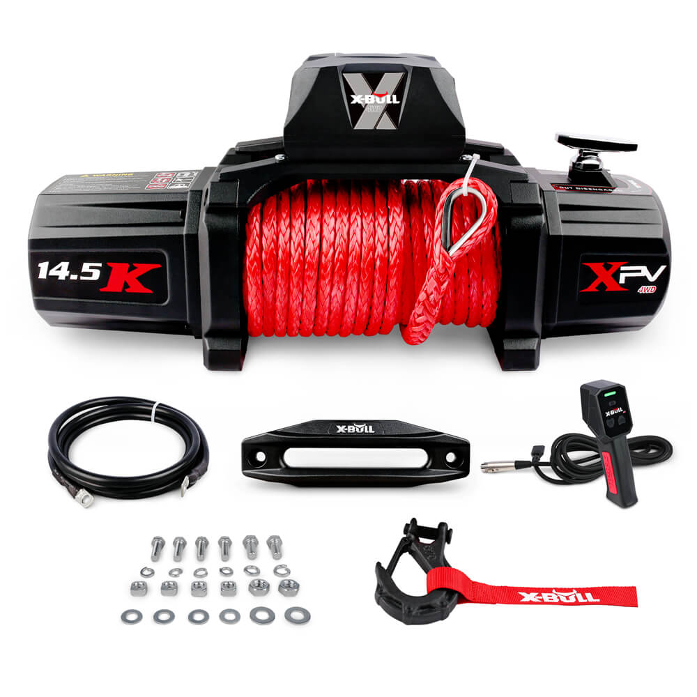 X-BULL 12V Electric Winch 14500LBS synthetic rope with Recovery Tracks Gen2.0 Red