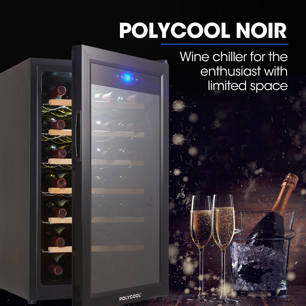 POLYCOOL 72L 28 Bottle Wine Bar Fridge Countertop Cooler Compressor Mirrored Glass Door, Black