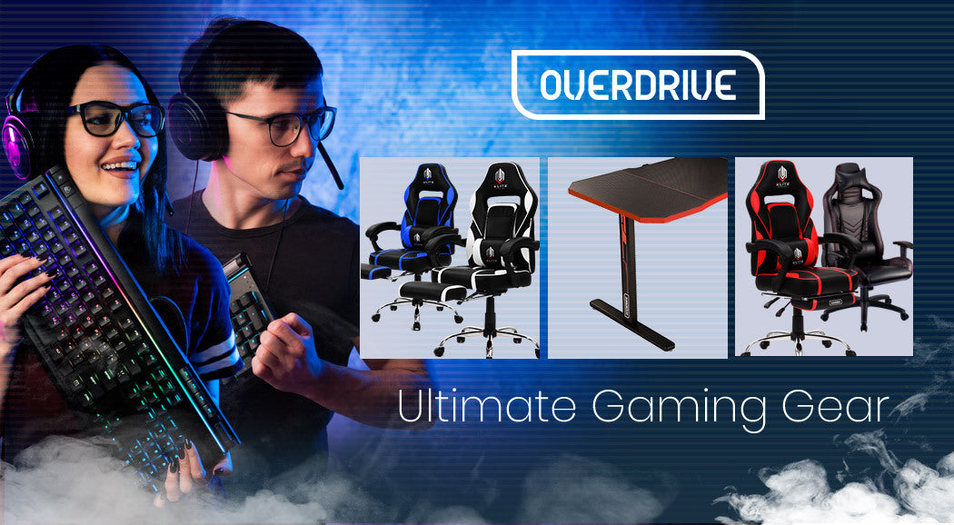 OVERDRIVE Gaming Chair Desk Racing Seat Setup PC Black Office Table Foot Combo