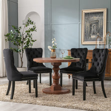 6x Velvet Dining Chairs Upholstered Tufted Kithcen Chair with Solid Wood Legs Stud Trim and Ring-Black