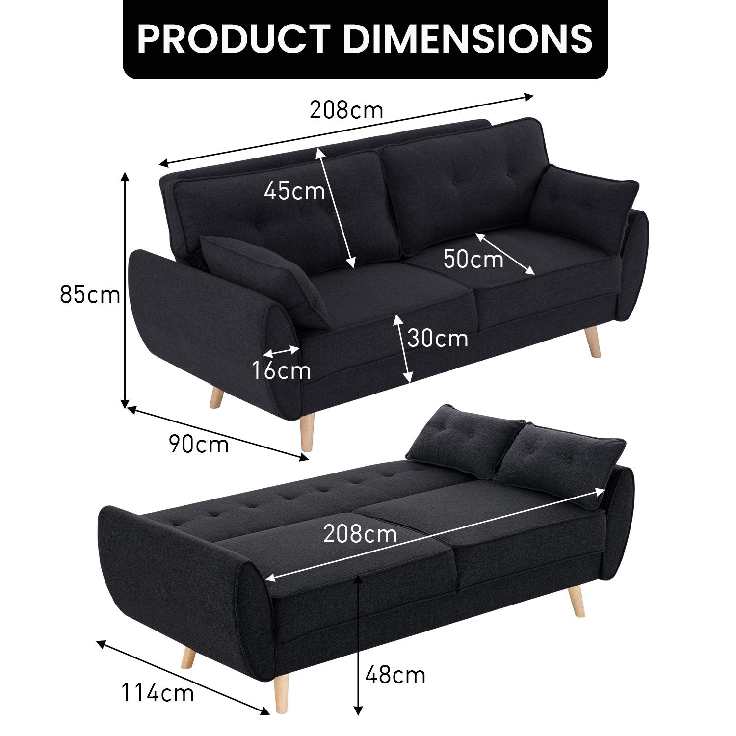 Sarantino 3 Seater Modular Linen Fabric Sofa Bed Couch Futon Suite - Black