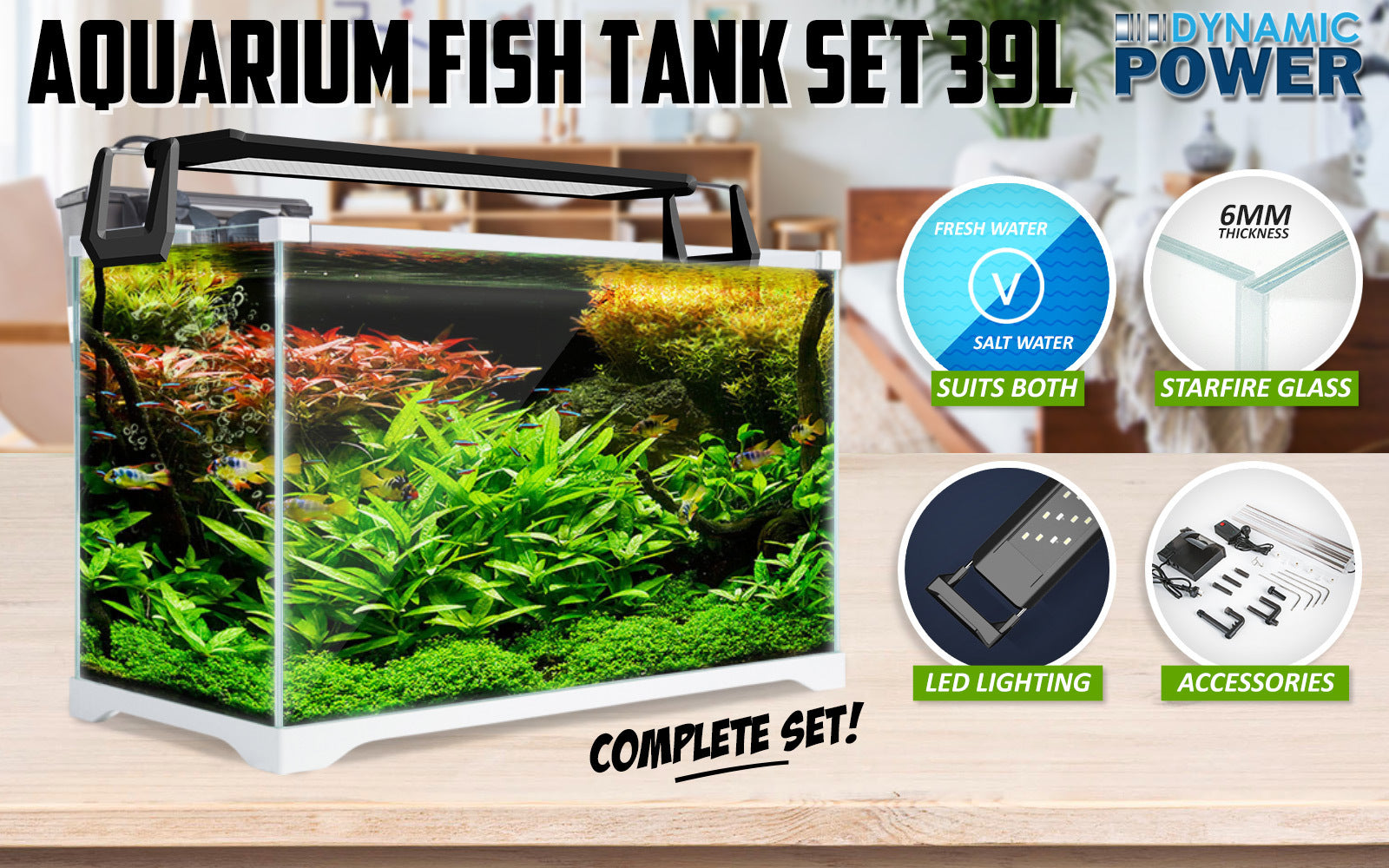 Dynamic Power Aquarium Fish Tank 39L Starfire Glass