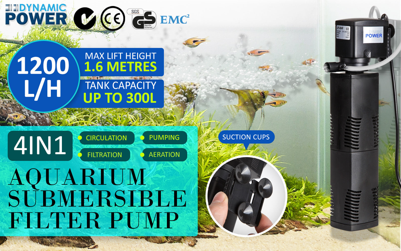 Dynamic Power Aquarium Submersible Filter 1200L/H 22W 1.6m Pond Pump