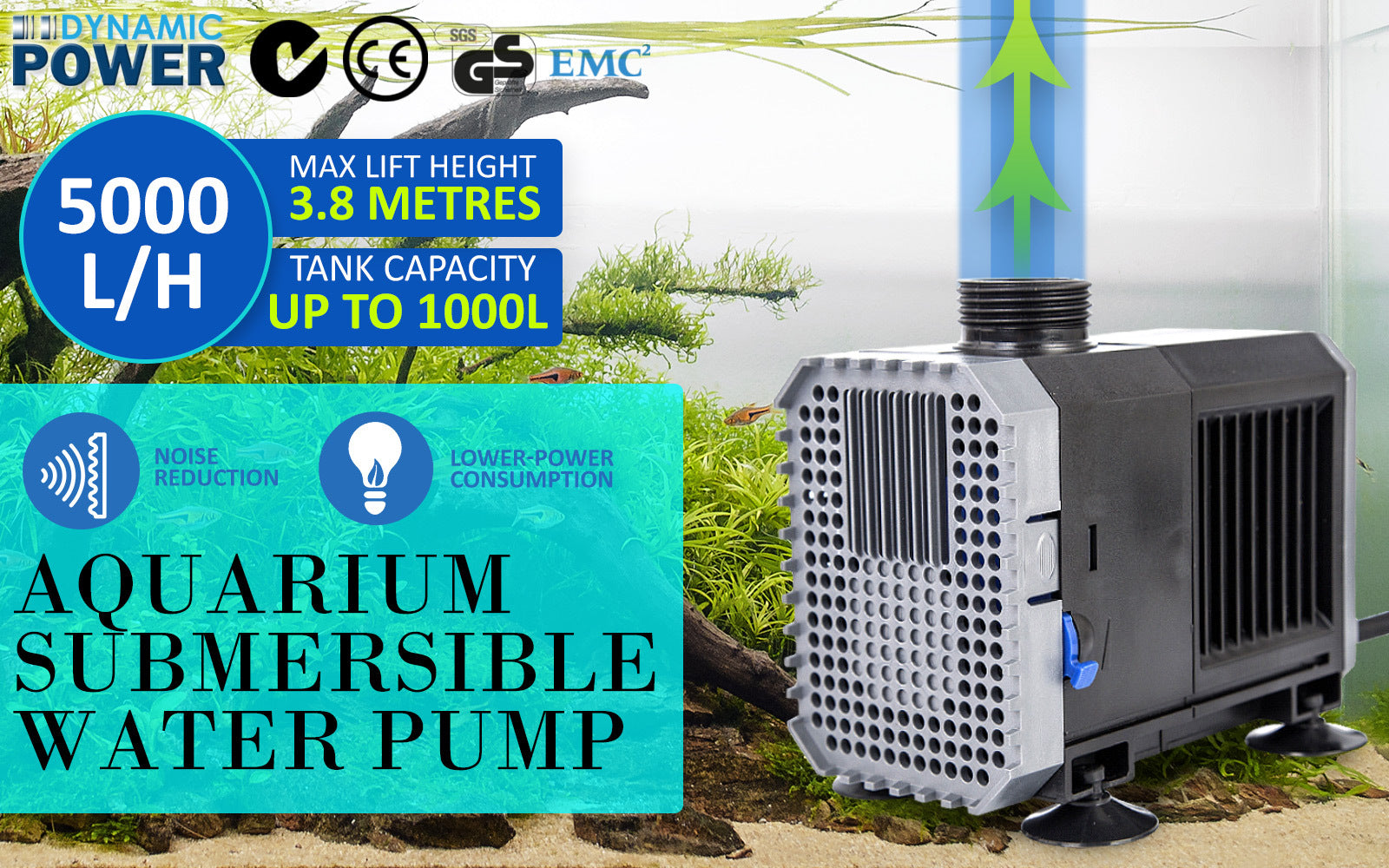 Dynamic Power Aquarium Submersible Water Pump 5000L/H 80W 3.8m Pond