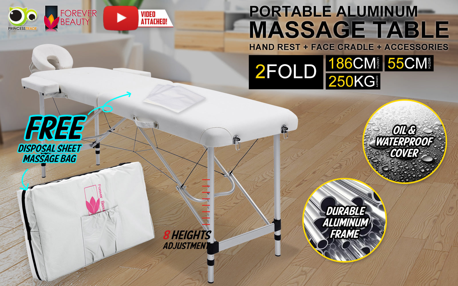 Forever Beauty White Portable Beauty Massage Table Bed Therapy Waxing 2 Fold 55cm Aluminium