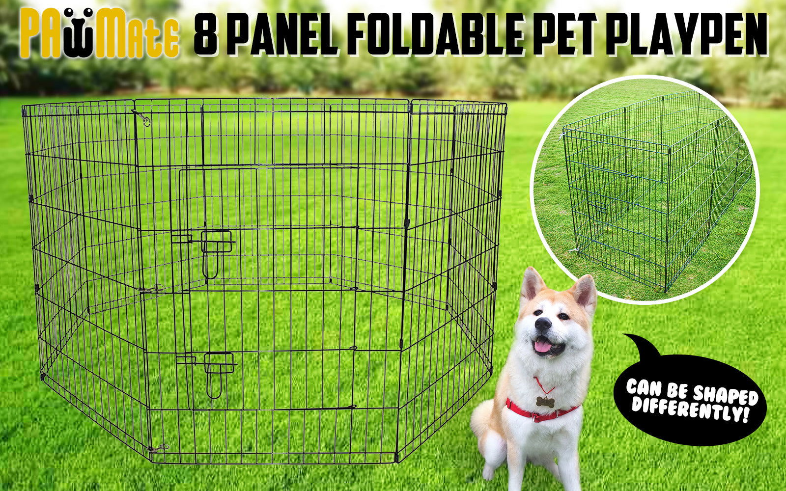 Paw Mate Pet Playpen 8 Panel 42in Foldable Dog Cage + Cover