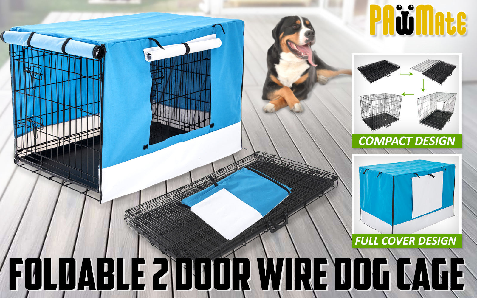 Paw Mate Wire Dog Cage Foldable Crate Kennel 24in with Tray + Blue Cover Combo