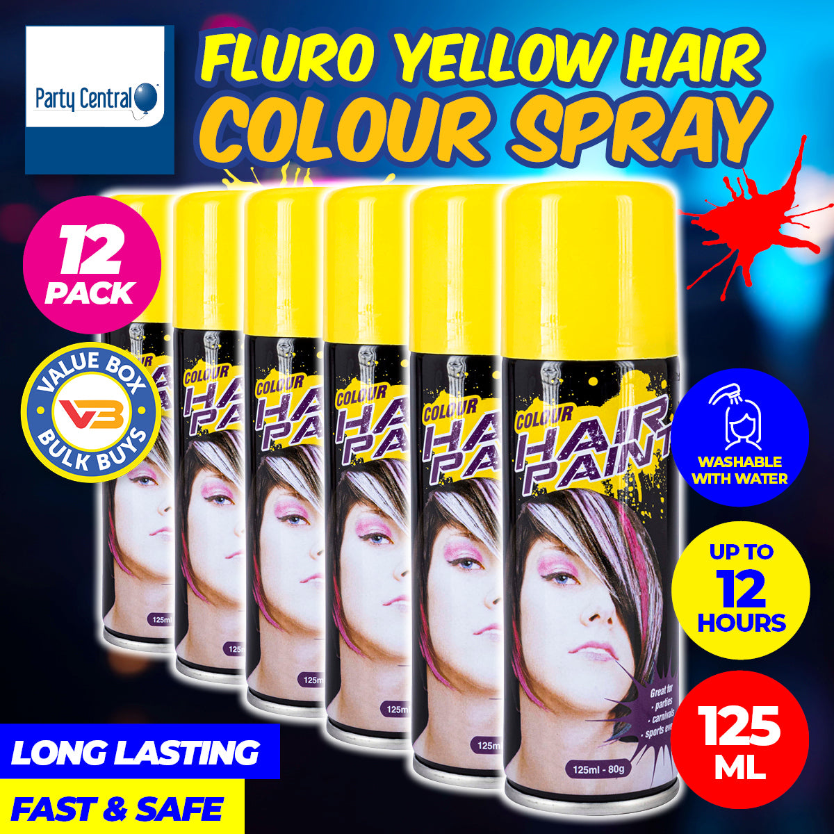 Party Central 12PCE Hair Spray Yellow Long Lasting Non-Sticky 125ml