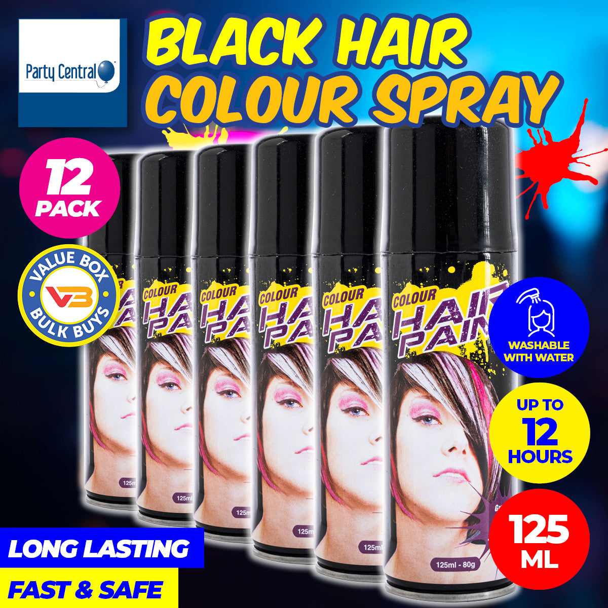 Party Central 12PCE Hair Spray Black Long Lasting Non-Sticky 125ml