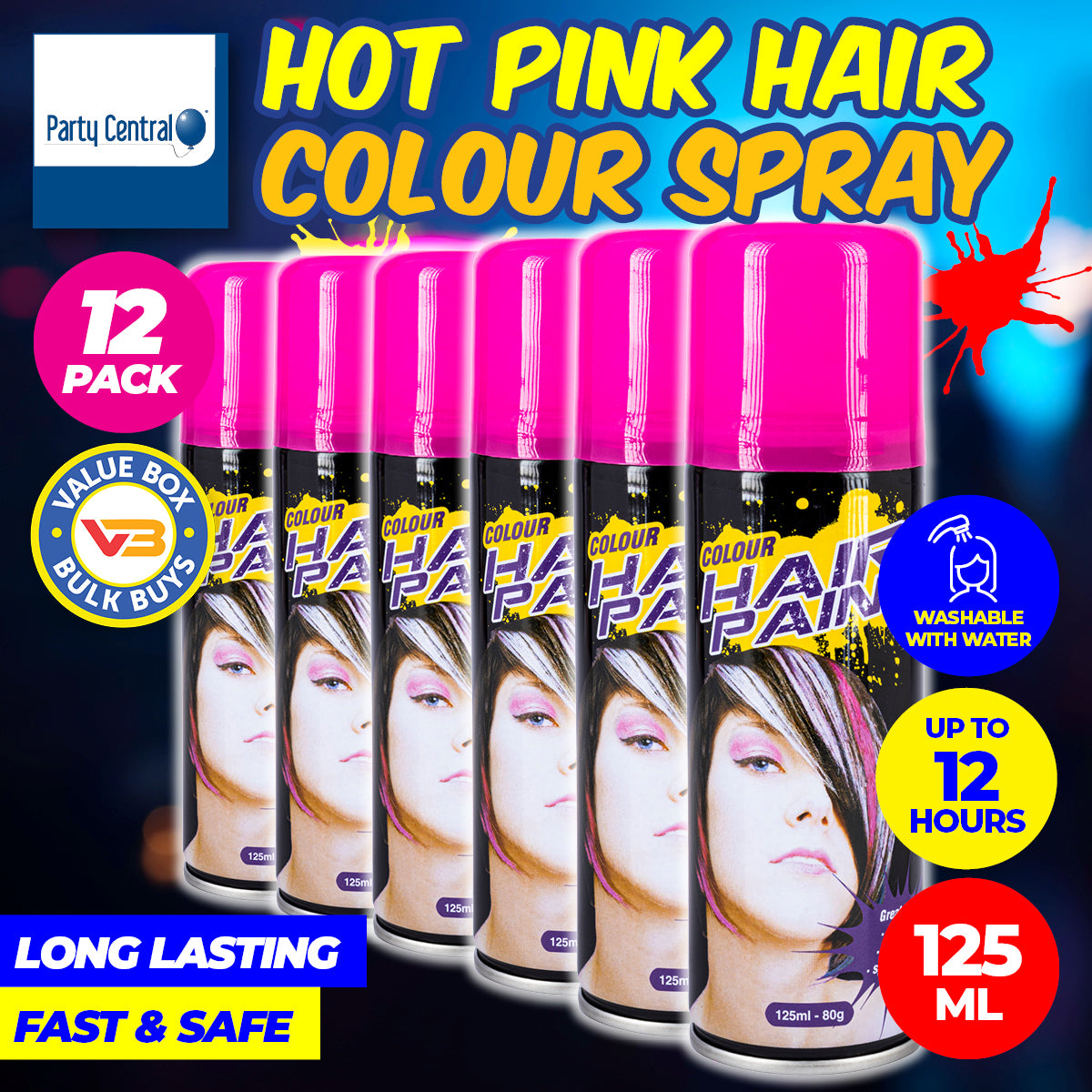 Party Central 12PCE Hair Spray Hot Pink Long Lasting Non-Sticky 125ml