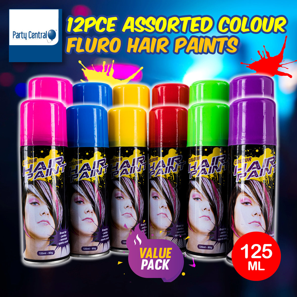 12PK Hair Spray Fluro Assorted Colours 125ml Non-Toxic Indoor/Outdoor Party Fun