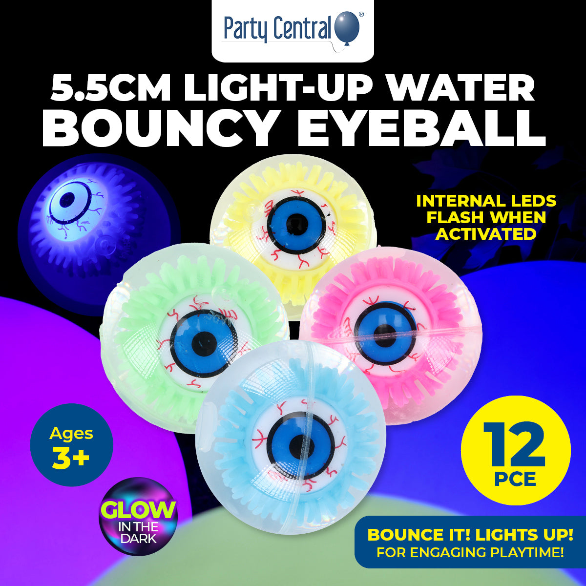 Party Central 12PCE Bouncy Eyeballs Lights Up Glows In The Dark Fun Toy 5.5cm