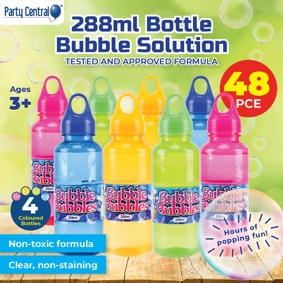 Party Central 48PCE Bubble Solution Non-Toxic Unscented Non-Staining 288ml