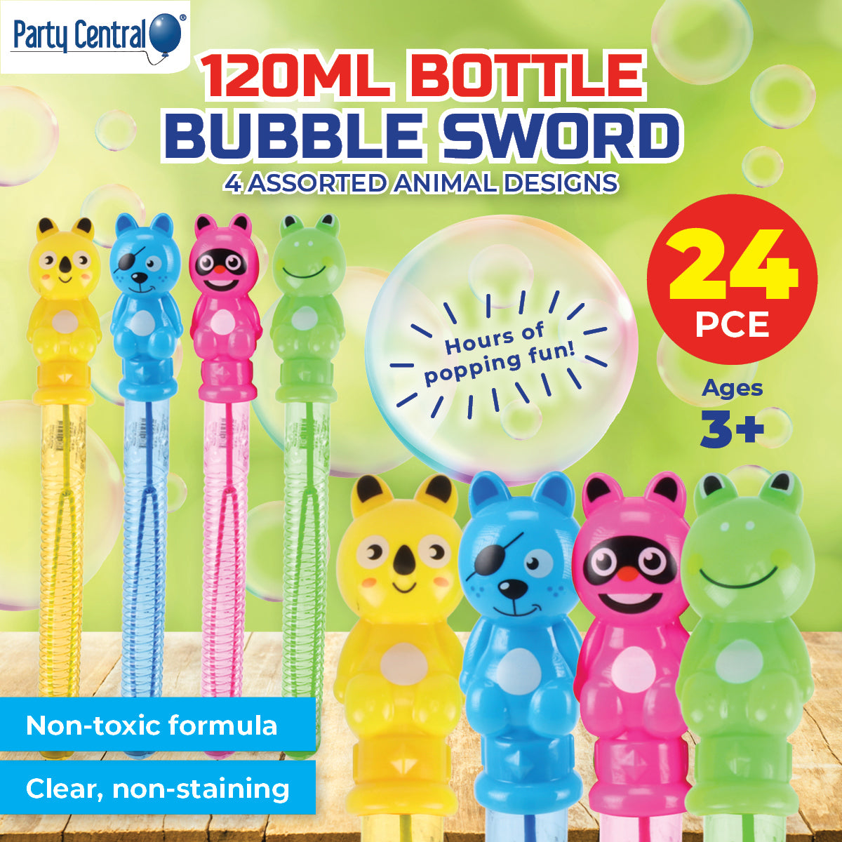 Party Central 24PCE Bubble Swords Assorted Animal Designs Unscented 120ml