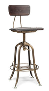 Industrial Wooden Height Adjustable Swivel Bar Stool Chair with Back - Dark French Brass