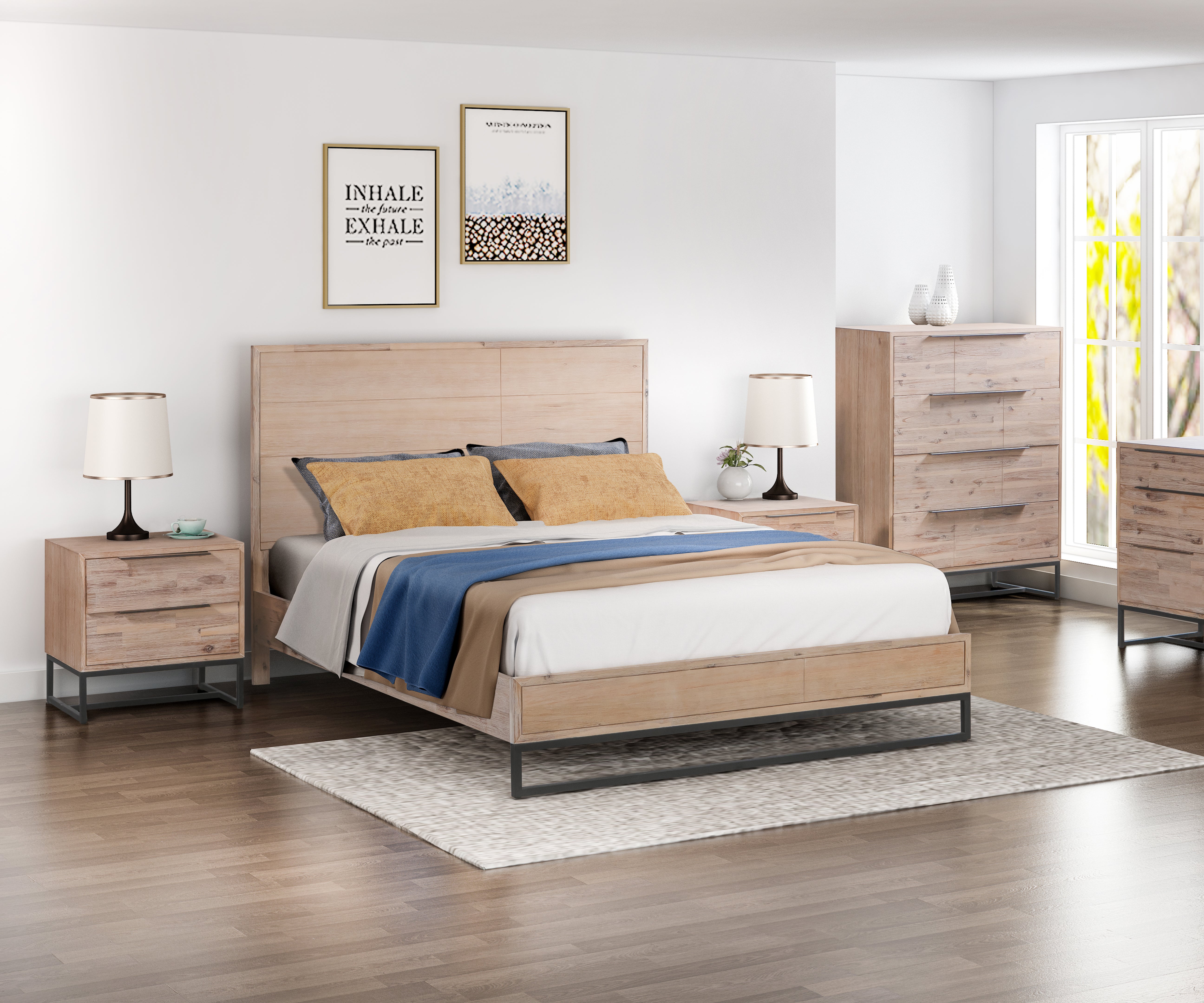 4 Pieces Bedroom Suite made in Solid Wood Acacia Veneered King Size Oak Colour 1X Bed, 2X Bedside Table & 1X Tallboy