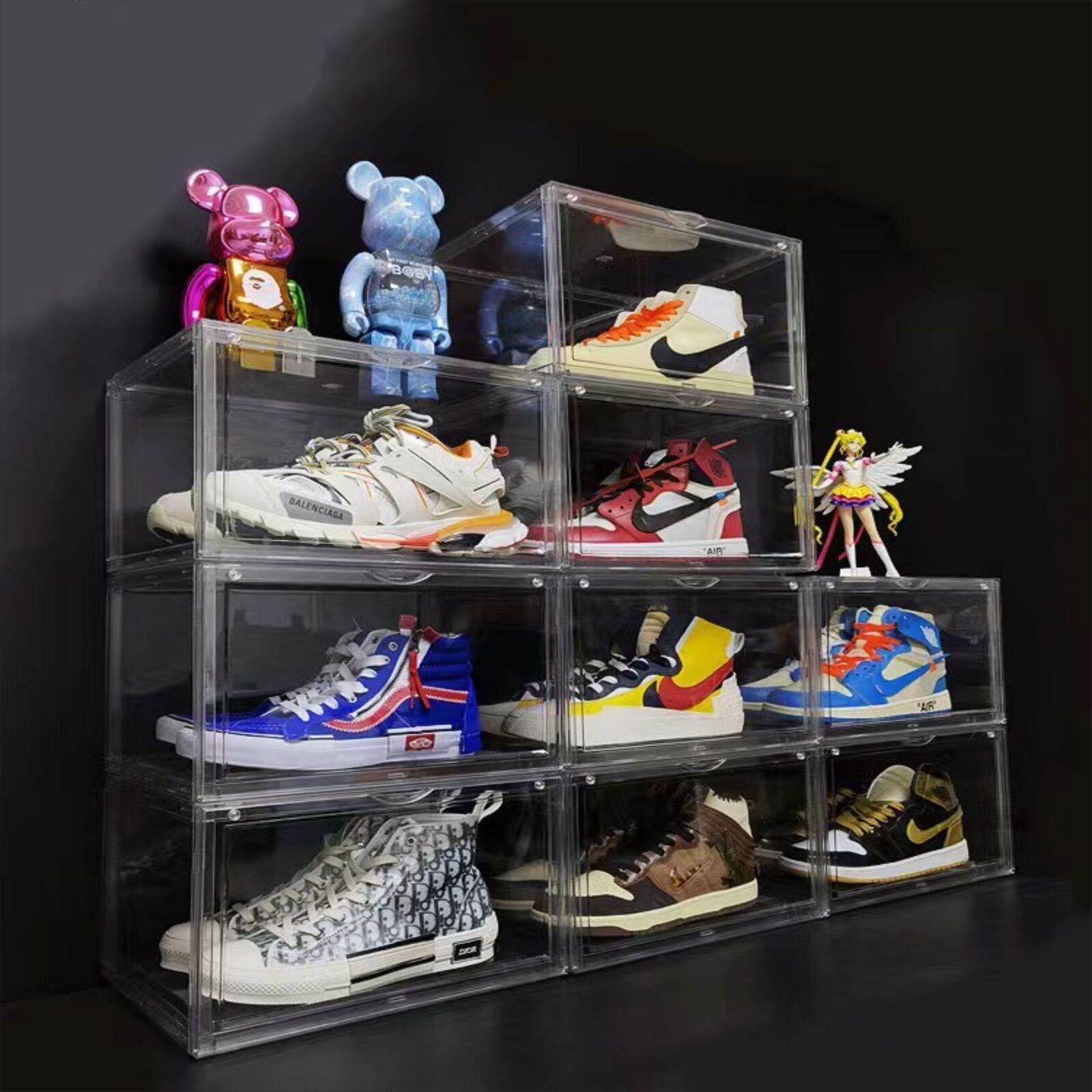 5PC  Black Stackable Shoe Display Box Hard Acrylic Sneaker Storage Containers Case