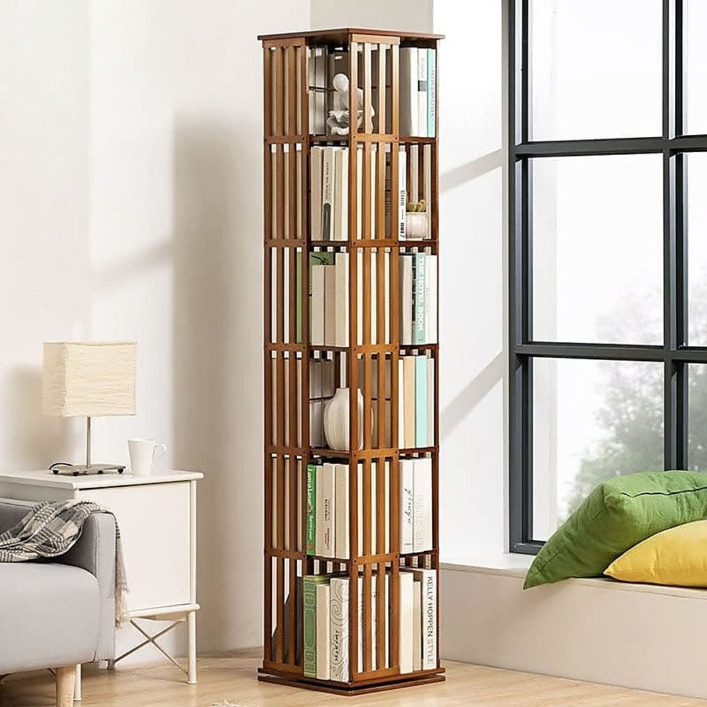 360 Rotating Bookshelf Bamboo Storage Display Rack Shelving in Dark Wood