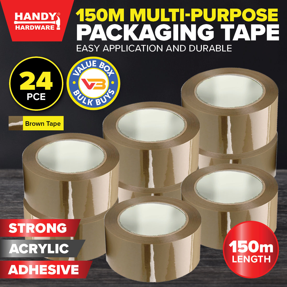 Handy Hardware 24PCE Packaging Tape Brown Multipurpose Extra Wide 150m x 70mm