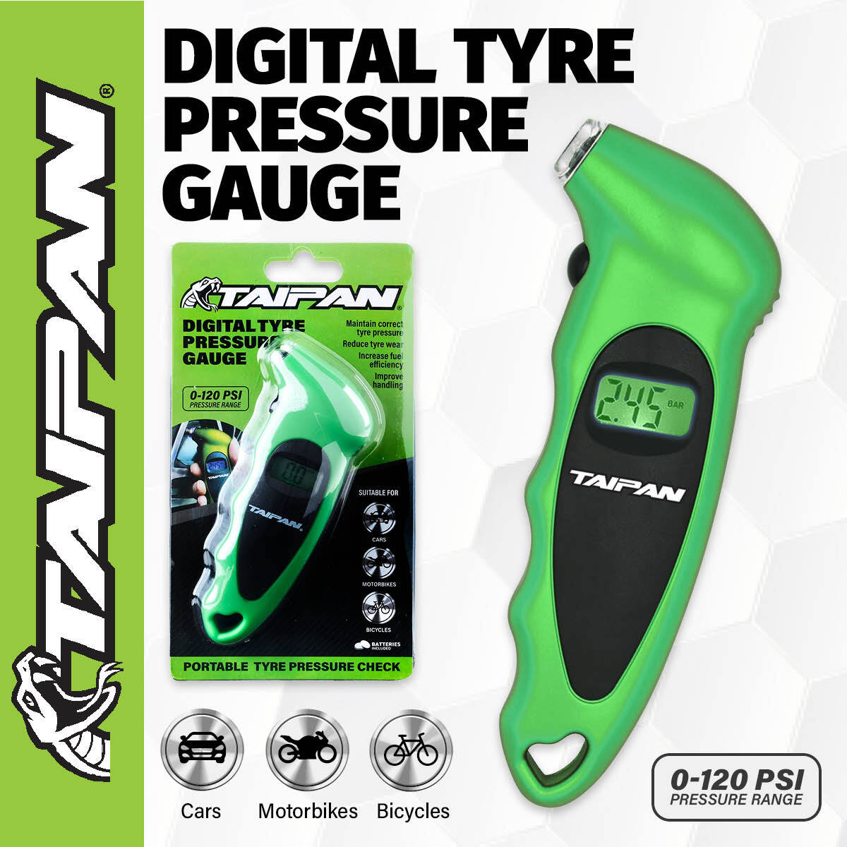 Taipan Portable Digital Tyre Pressure Gauge Multiple Functions LCD Screen